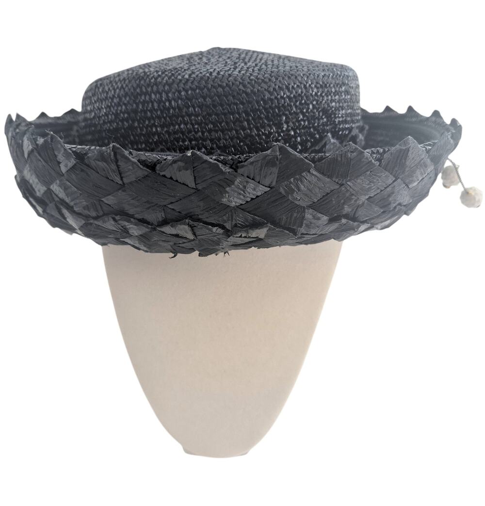 Vintage Junior B Pillbox Hat 1960's Black Straw Made in USA Woven Brim